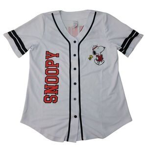 Licensed Women's Soft Short Sleeve Mesh Button Up Jersey Baseball Tee - Snoopy